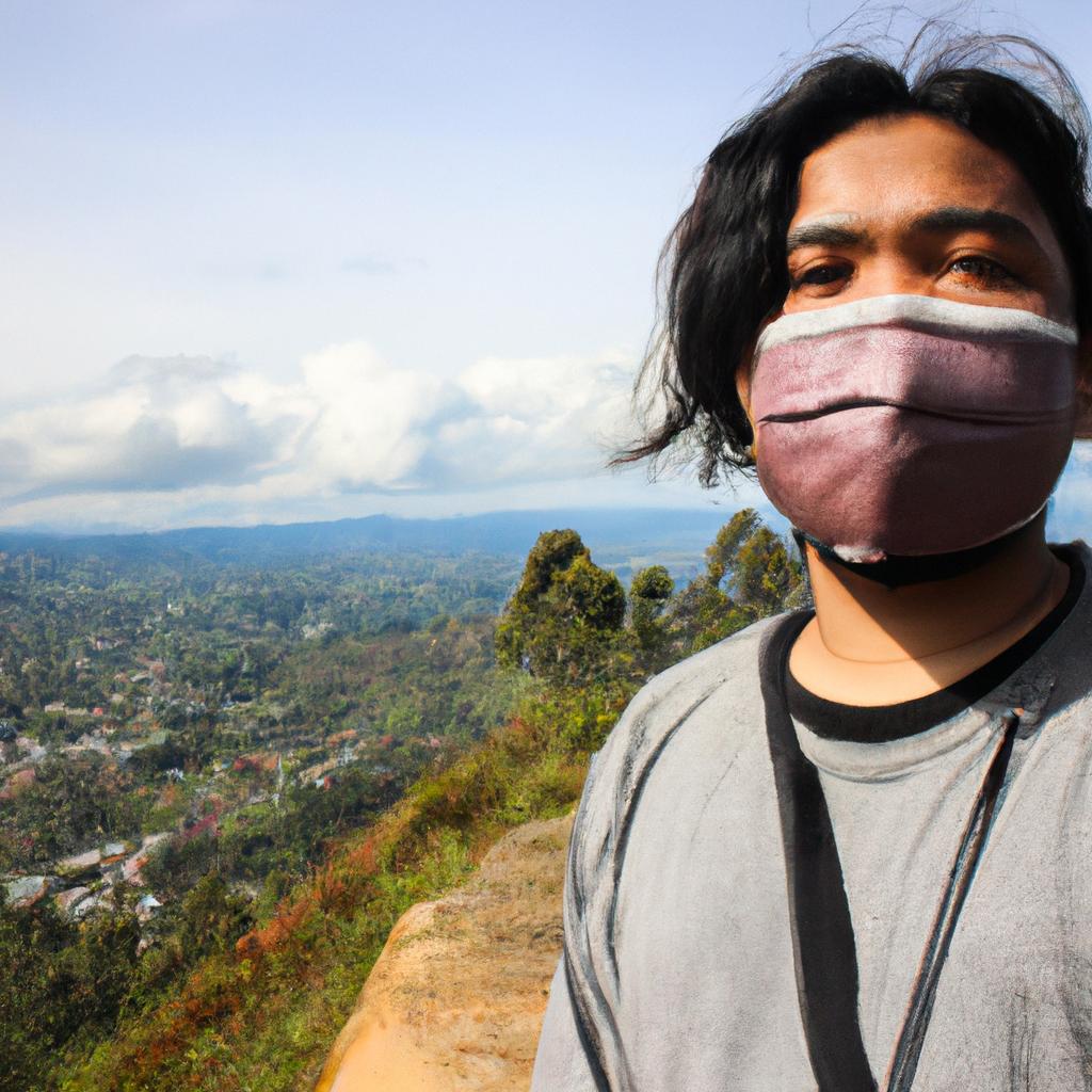 Person wearing face mask, traveling