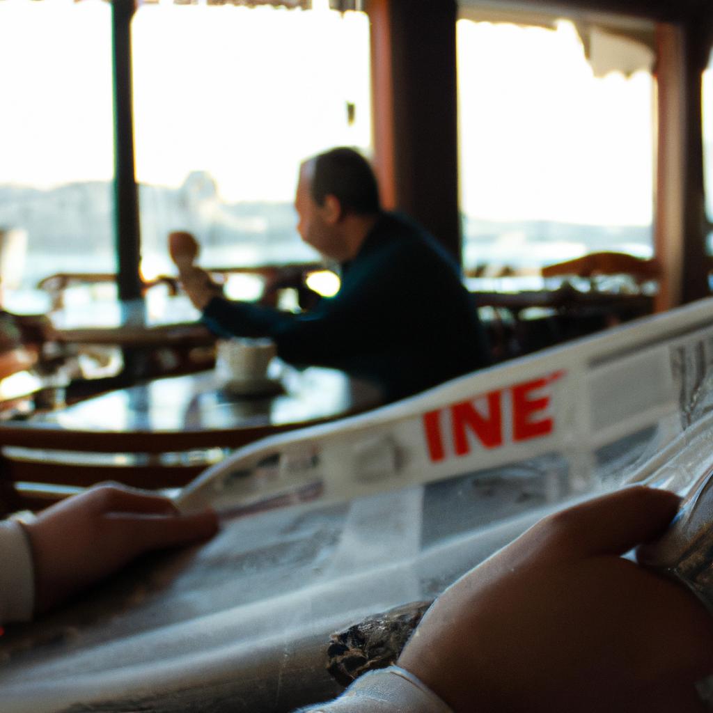 Person reading newspaper at cafe
