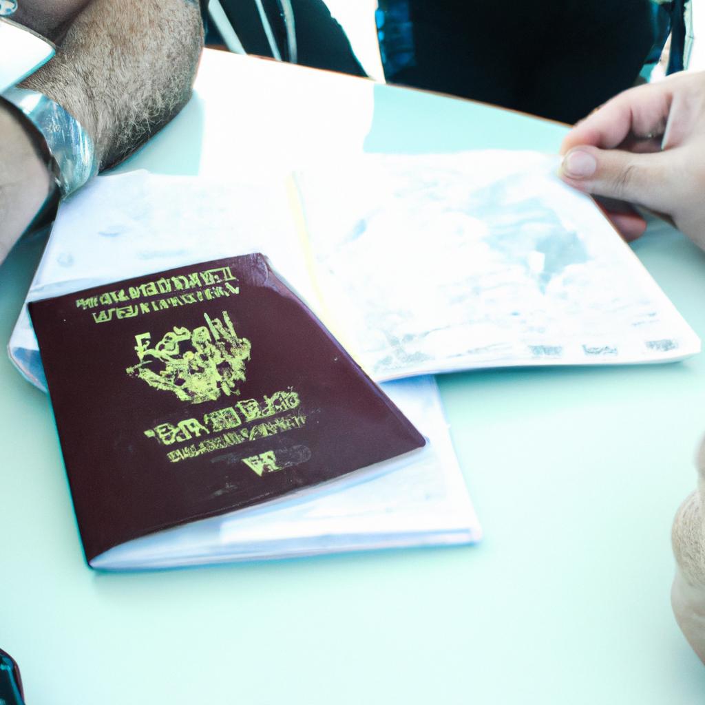 Person holding passport, discussing documents
